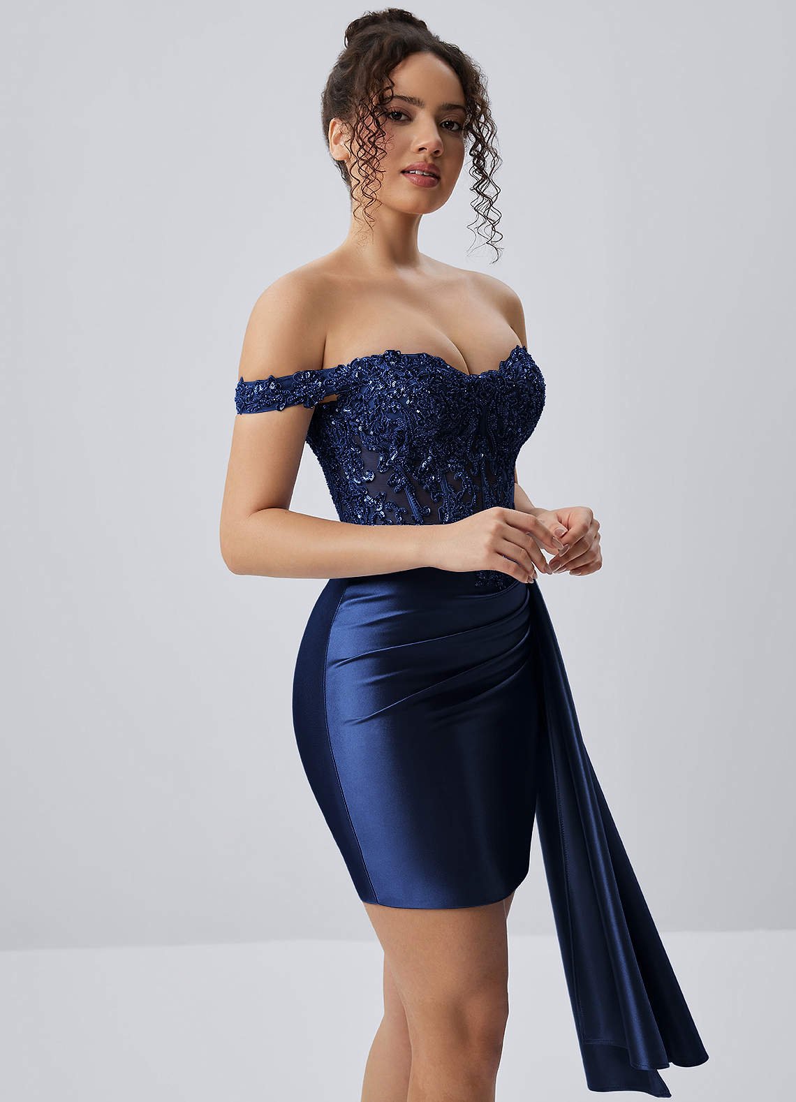 Oralien Bodycon Mini Off-the-Shoulder Satin Prom Dress in Plum