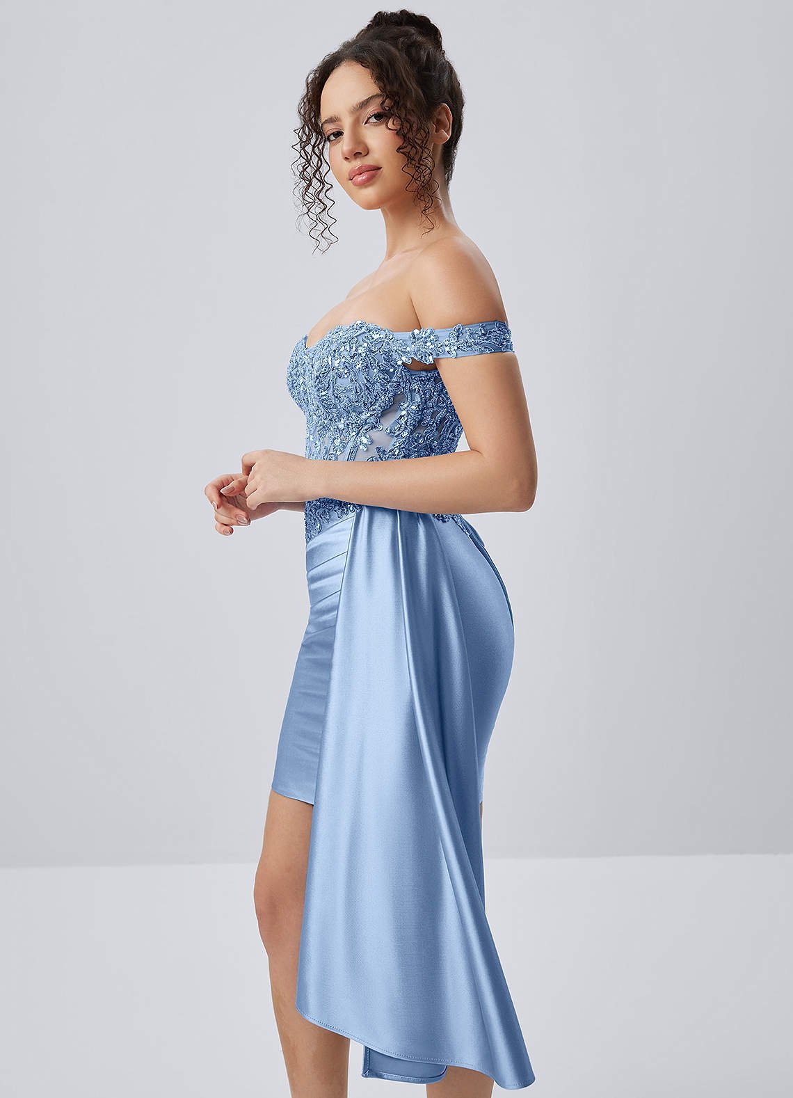 Oralien Bodycon Mini Off-the-Shoulder Satin Prom Dress in Light Blue