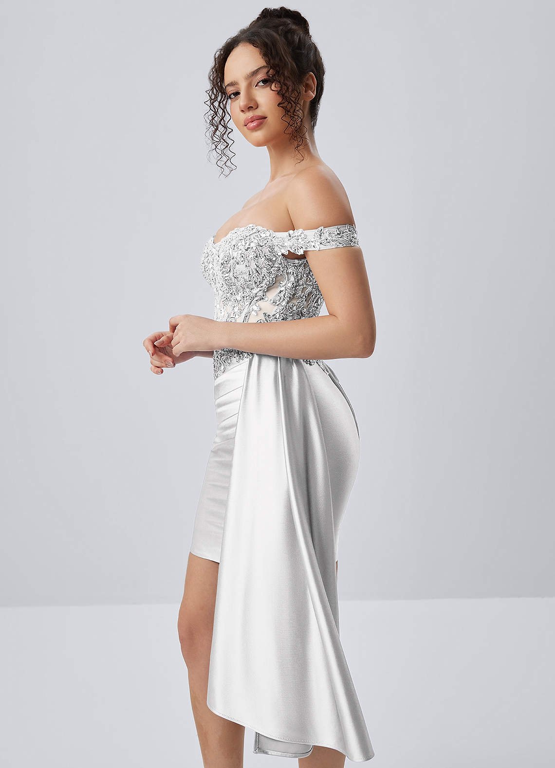 Oralien Bodycon Mini Off-the-Shoulder Satin Prom Dress in Silver