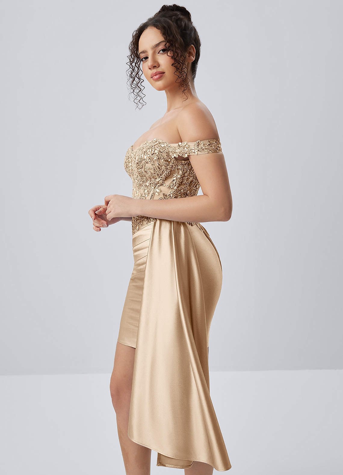 Oralien Bodycon Mini Off-the-Shoulder Satin Prom Dress in champagne