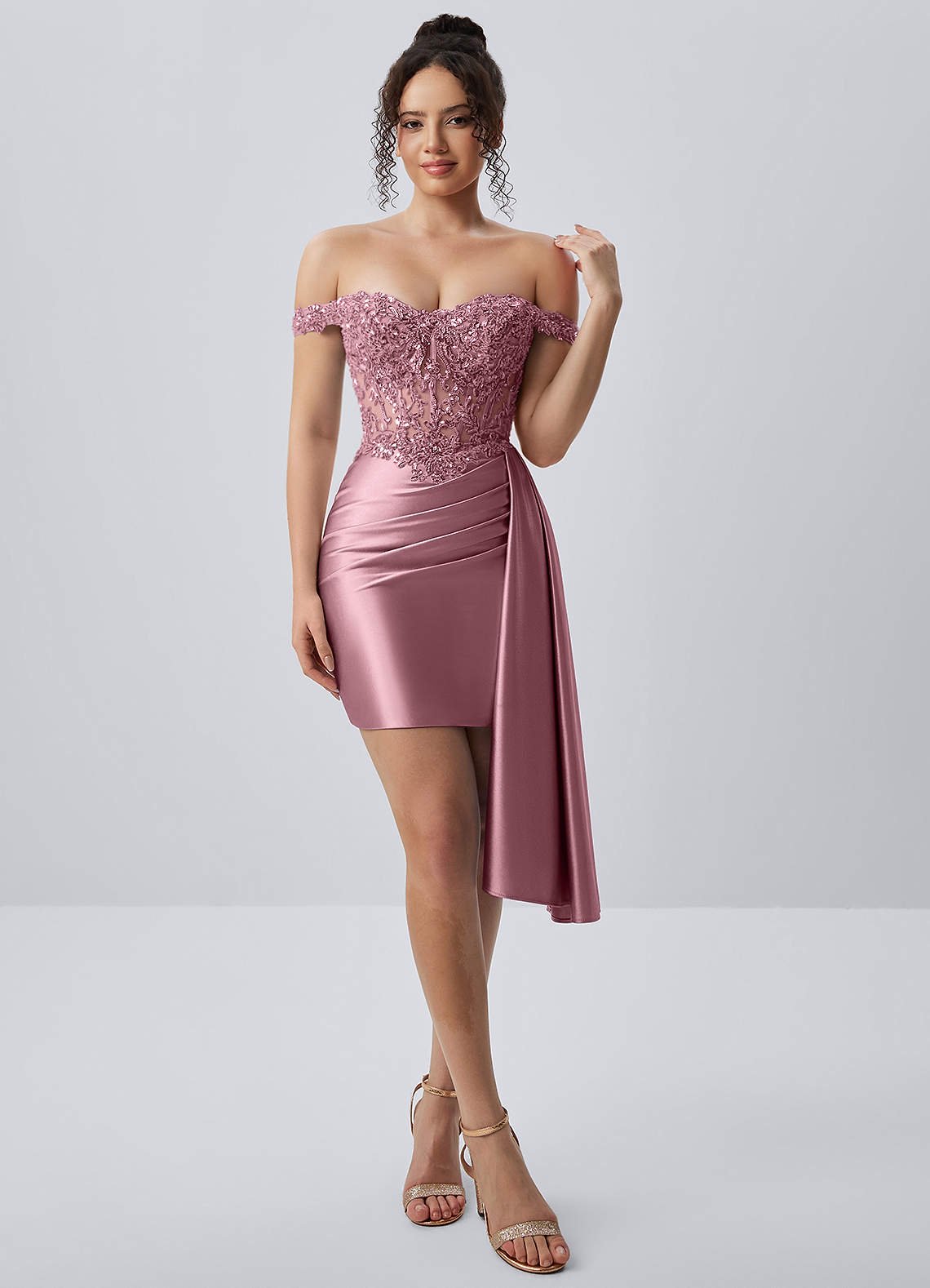 Oralien Bodycon Mini Off-the-Shoulder Satin Prom Dress in Dusty Pink