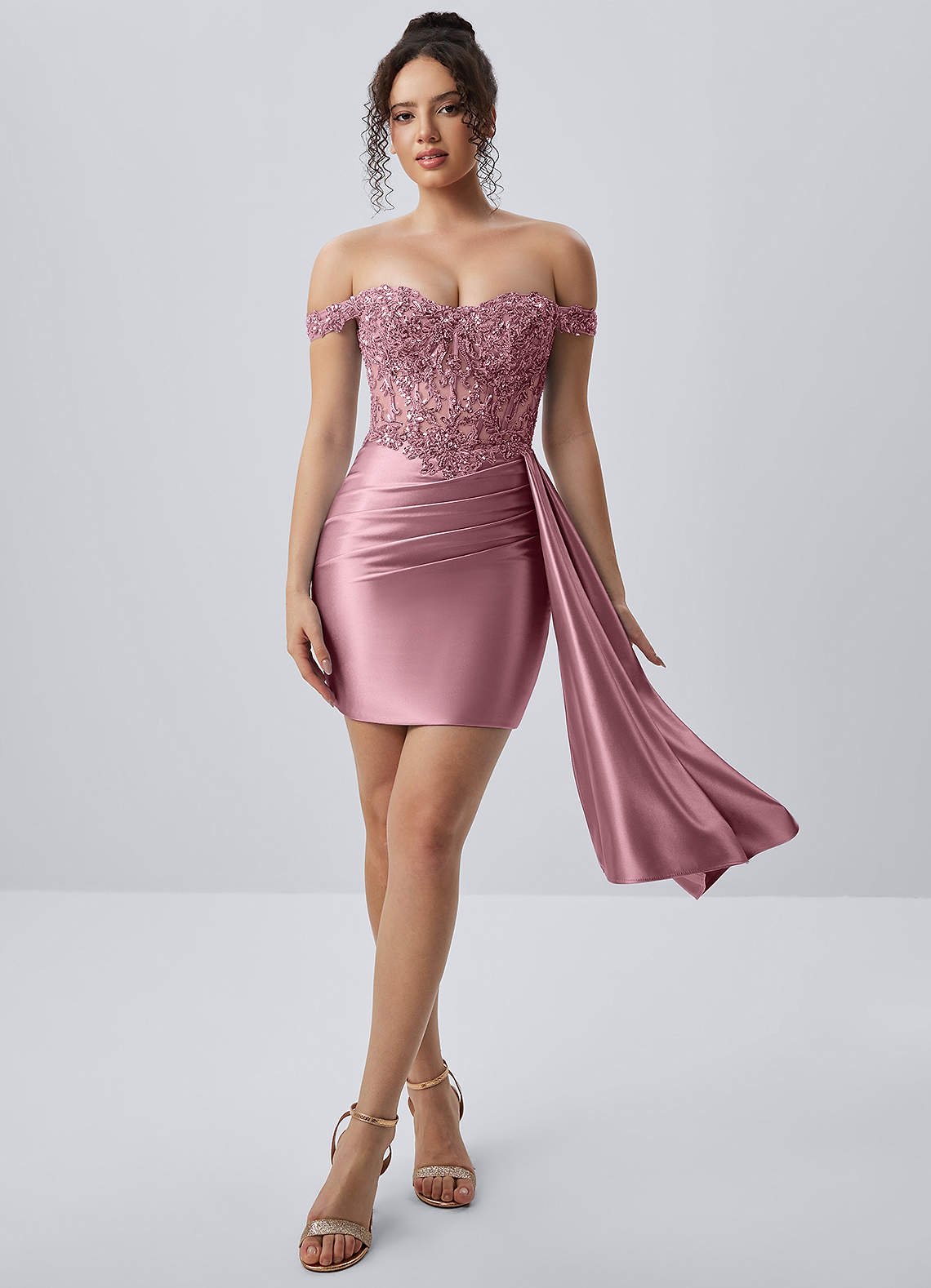 Oralien Bodycon Mini Off-the-Shoulder Satin Prom Dress in Dusty Pink