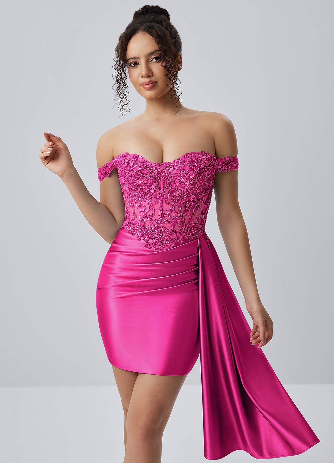 Oralien Bodycon Mini Off-the-Shoulder Satin Prom Dress in Magenta