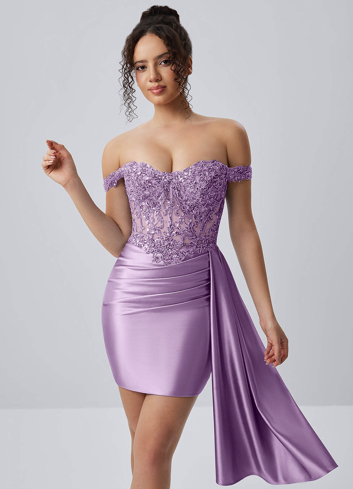Oralien Bodycon Mini Off-the-Shoulder Satin Prom Dress in Lilac