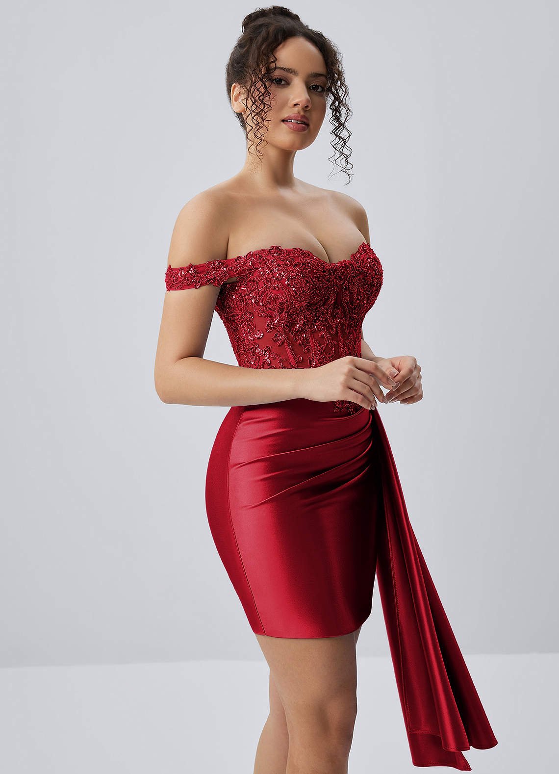Oralien Bodycon Mini Off-the-Shoulder Satin Prom Dress in Plum