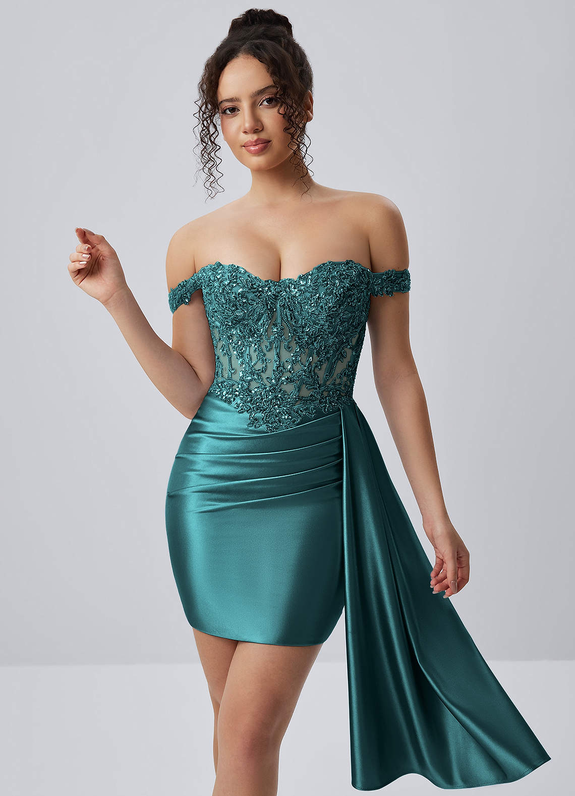 Oralien Bodycon Mini Off-the-Shoulder Satin Prom Dress in Peacock Blue