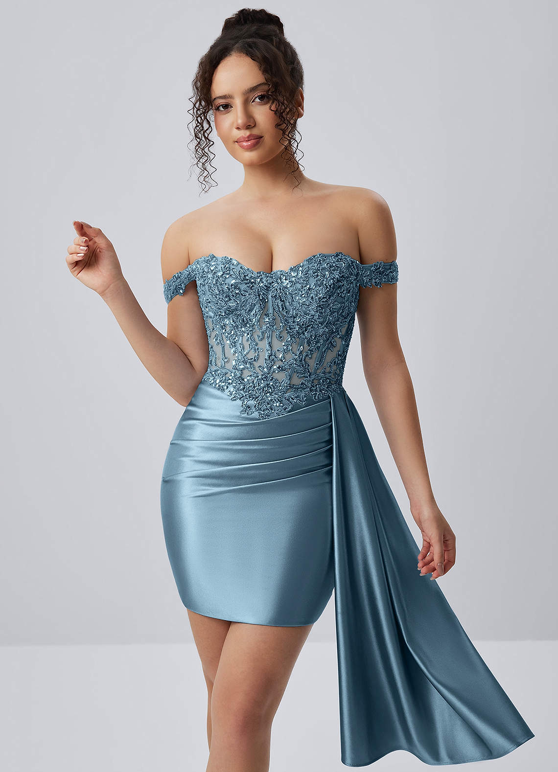 Oralien Bodycon Mini Off-the-Shoulder Satin Prom Dress in dusty blue