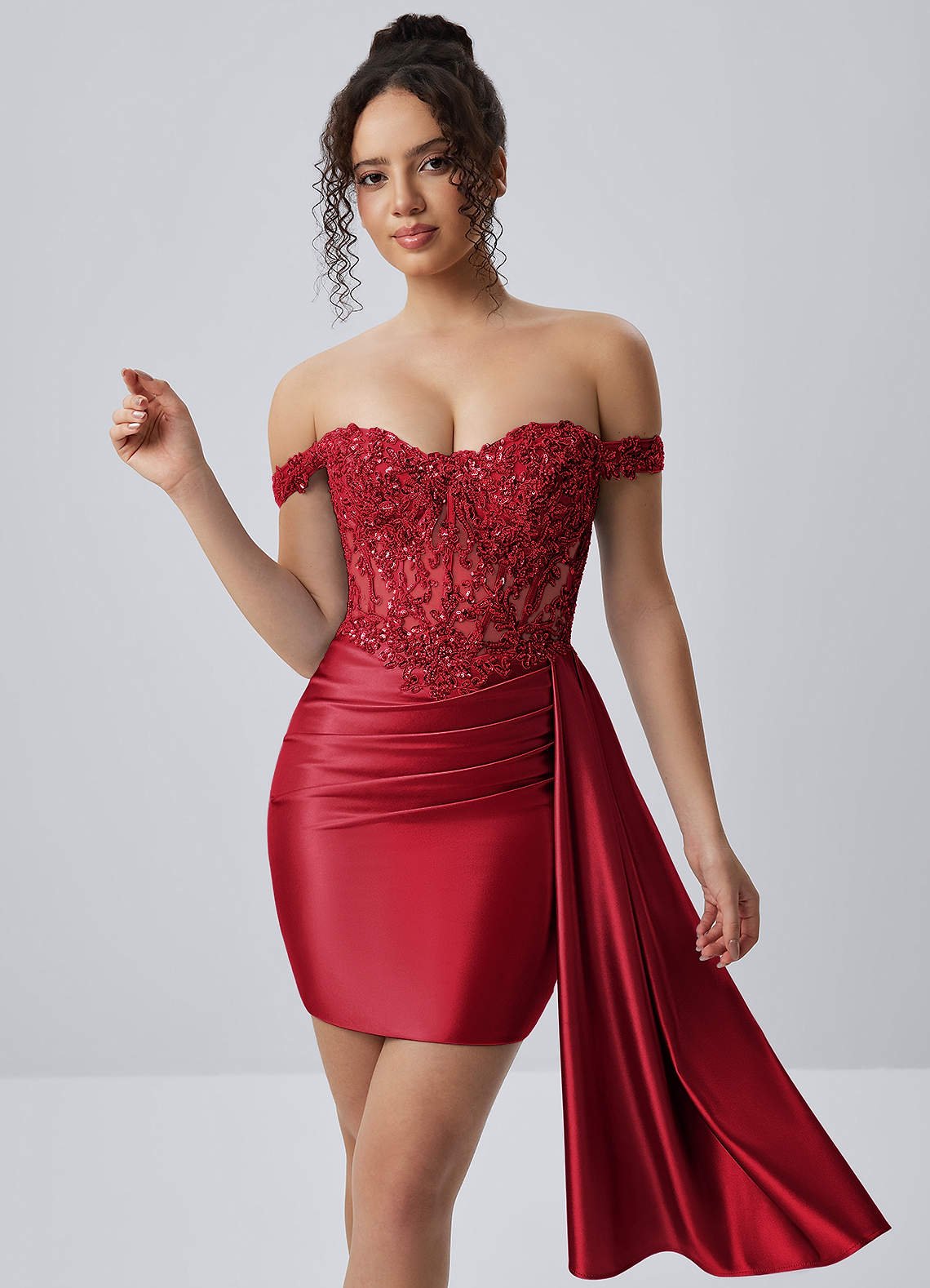 Oralien Bodycon Mini Off-the-Shoulder Satin Prom Dress in Red