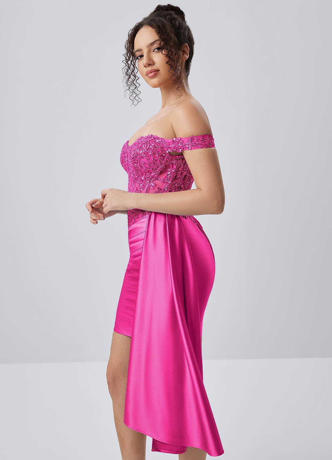 Oralien Bodycon Mini Off-the-Shoulder Satin Prom Dress in Magenta