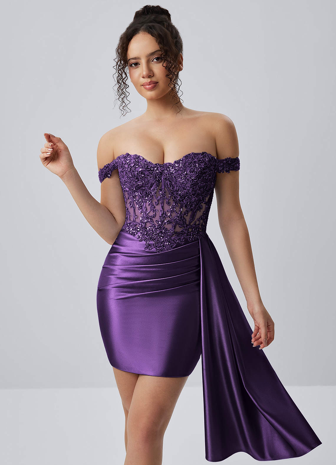 Oralien Bodycon Mini Off-the-Shoulder Satin Prom Dress in Plum