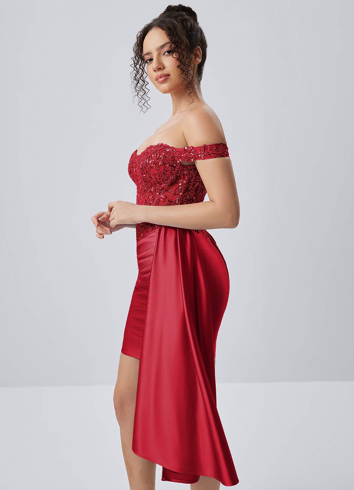 Oralien Bodycon Mini Off-the-Shoulder Satin Prom Dress in Red