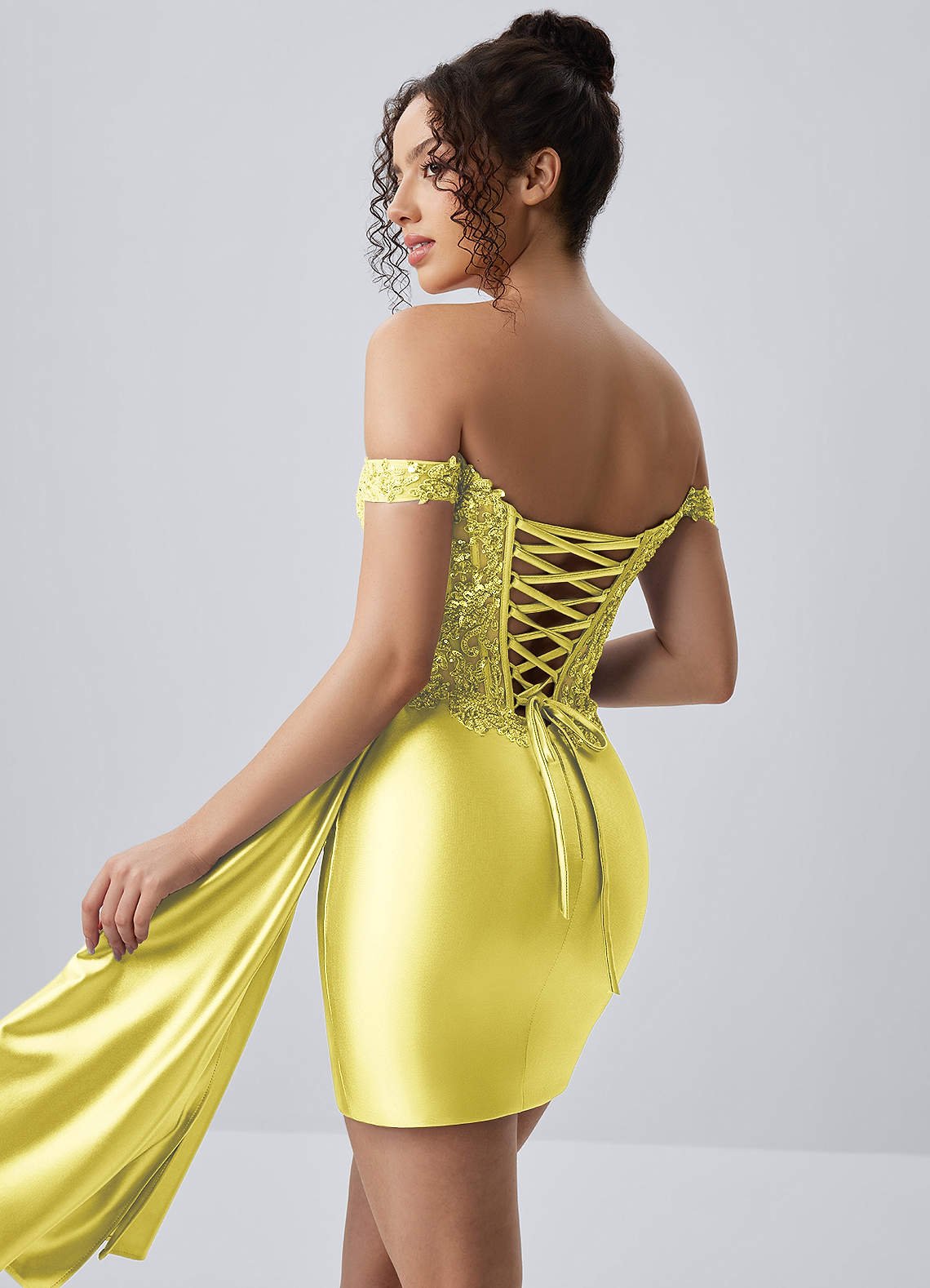 Oralien Bodycon Mini Off-the-Shoulder Satin Prom Dress in Yellow