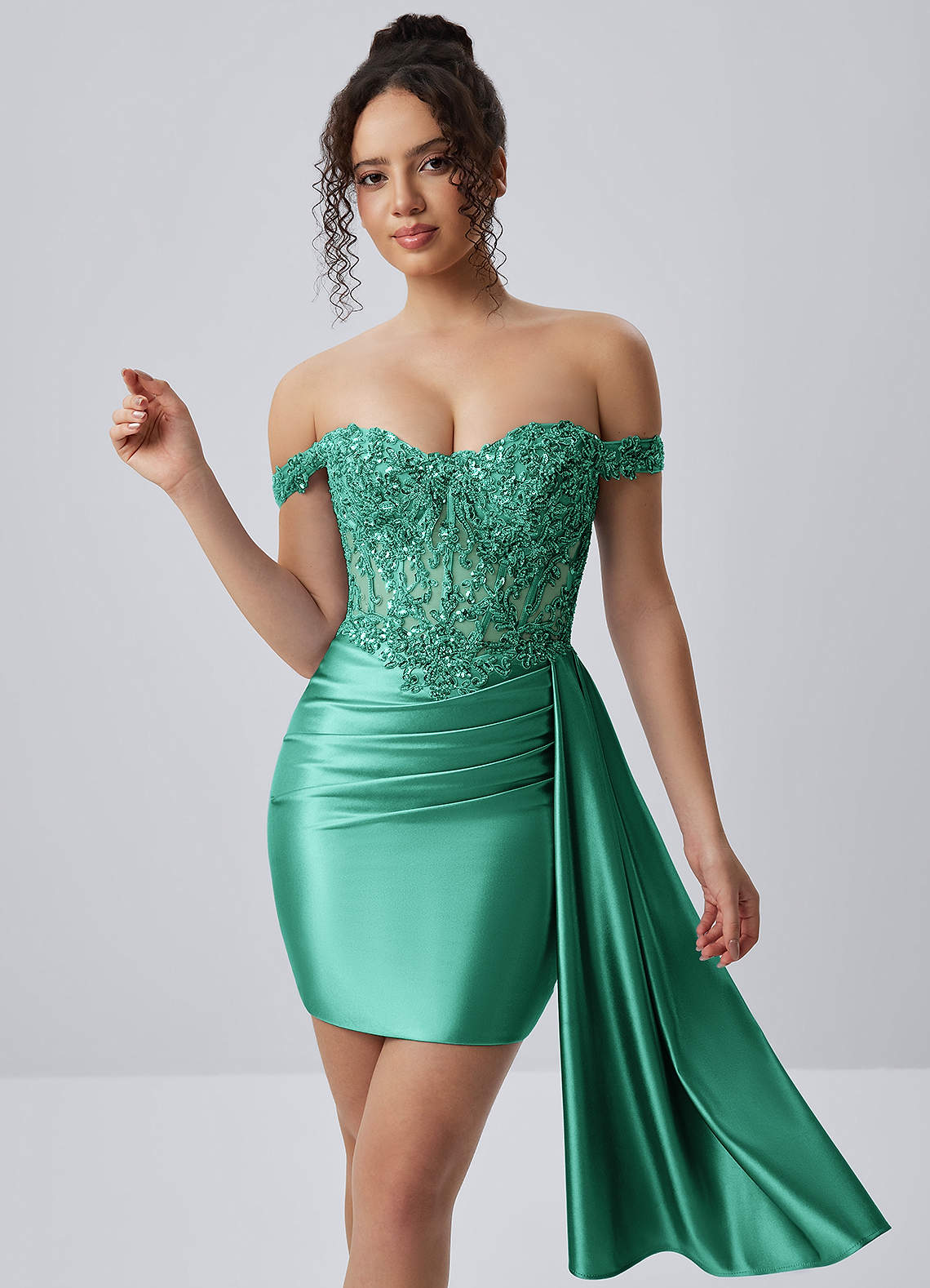 Oralien Bodycon Mini Off-the-Shoulder Satin Prom Dress in Basil