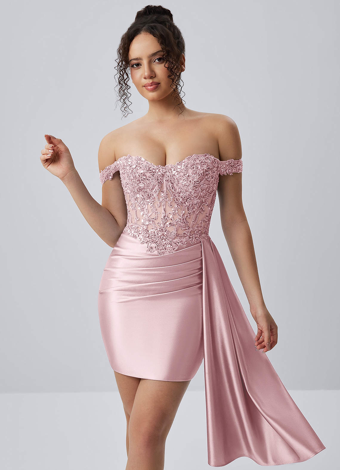 Oralien Bodycon Mini Off-the-Shoulder Satin Prom Dress in Blushing Pink