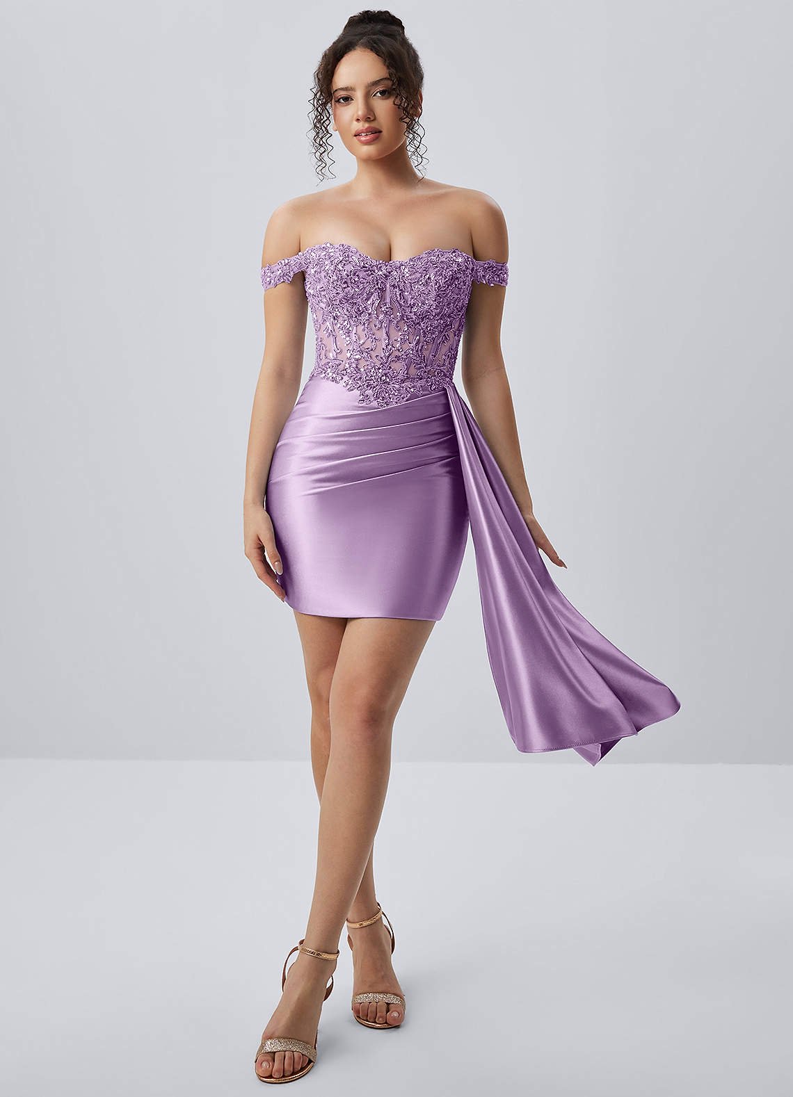 Oralien Bodycon Mini Off-the-Shoulder Satin Prom Dress in Lilac