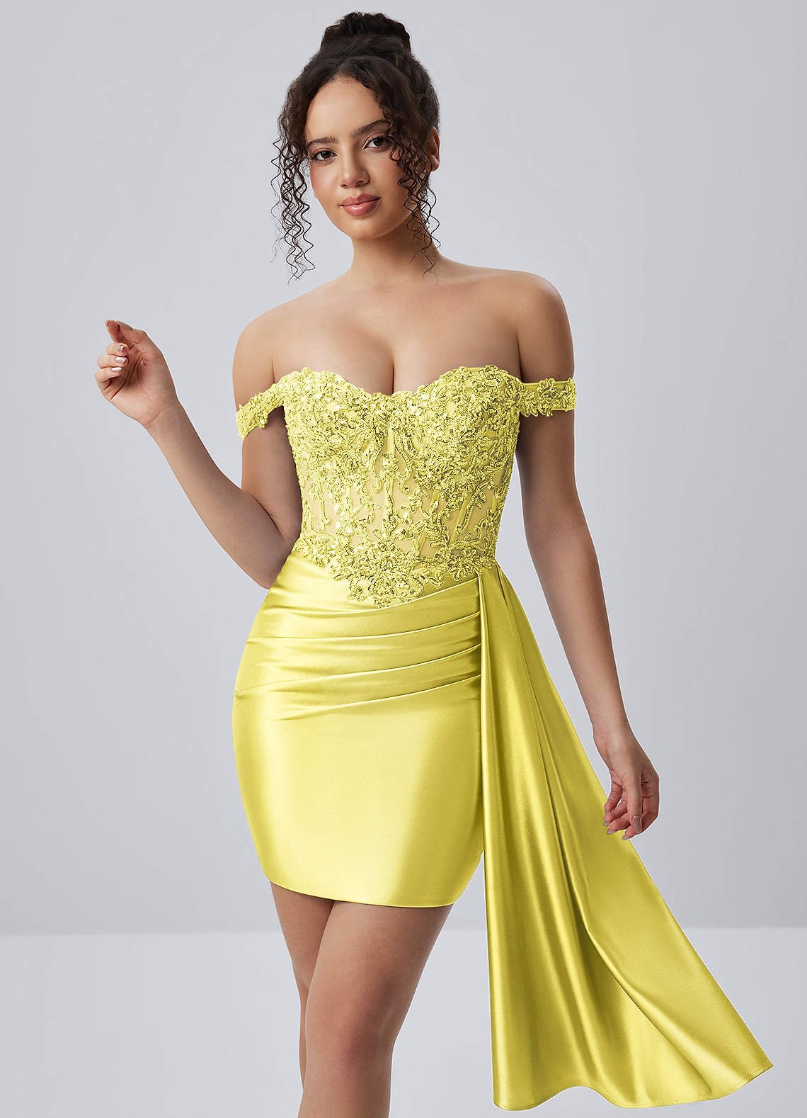 Oralien Bodycon Mini Off-the-Shoulder Satin Prom Dress in Yellow