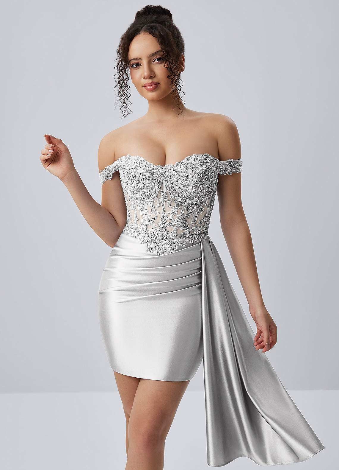 Oralien Bodycon Mini Off-the-Shoulder Satin Prom Dress in Silver