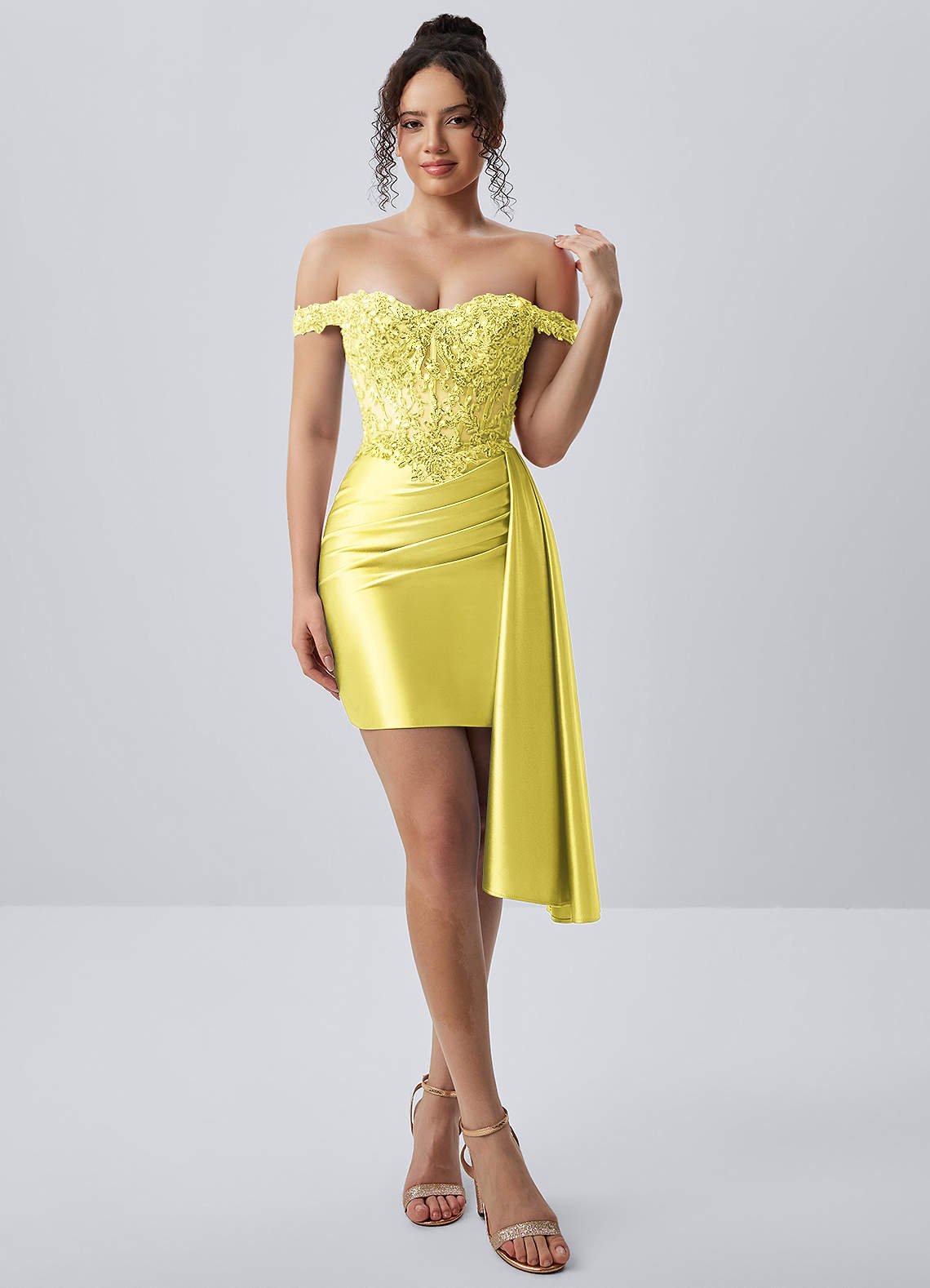 Oralien Bodycon Mini Off-the-Shoulder Satin Prom Dress in Yellow