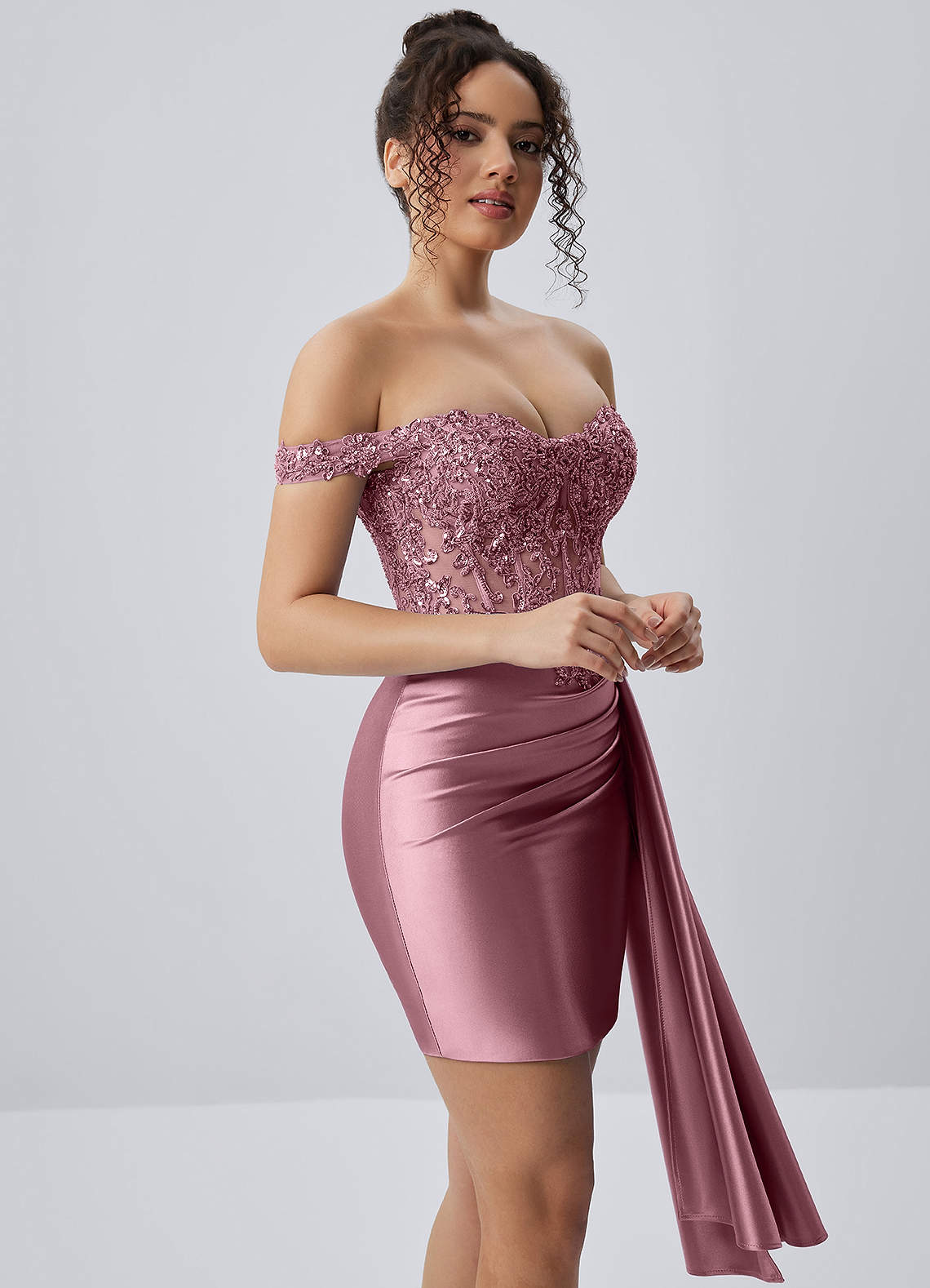 Oralien Bodycon Mini Off-the-Shoulder Satin Prom Dress in Plum