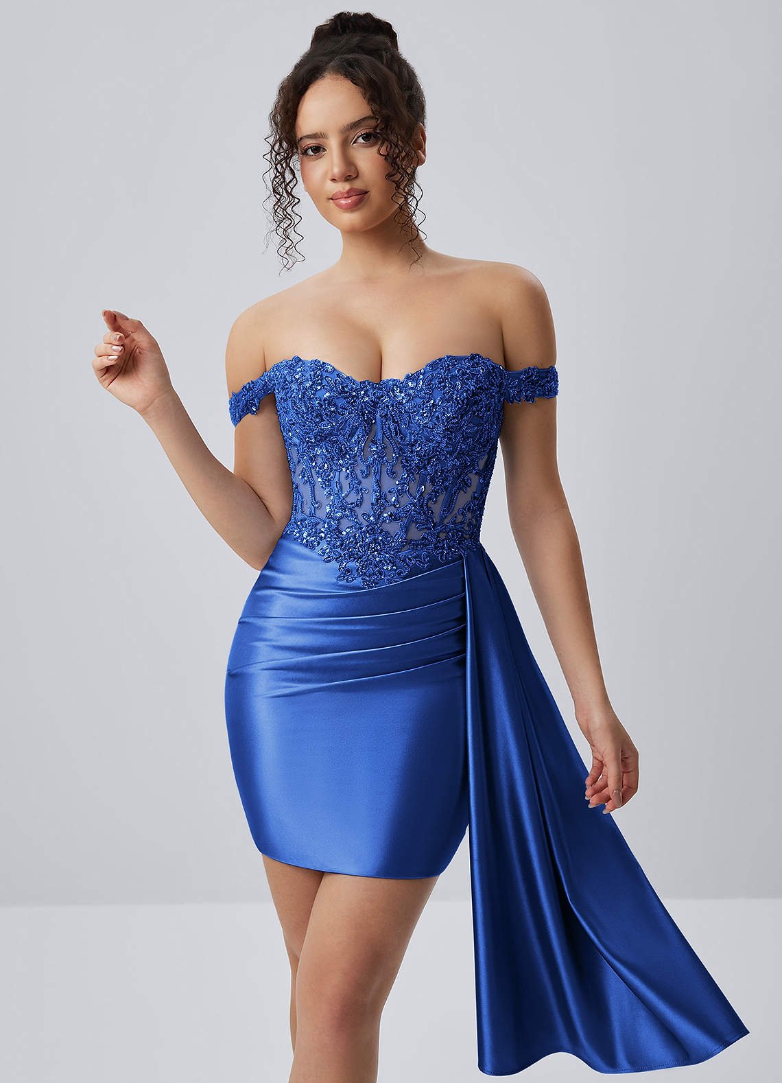 Oralien Bodycon Mini Off-the-Shoulder Satin Prom Dress in Royal Blue
