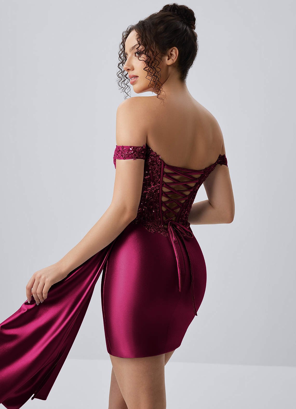 Oralien Bodycon Mini Off-the-Shoulder Satin Prom Dress in Burgundy