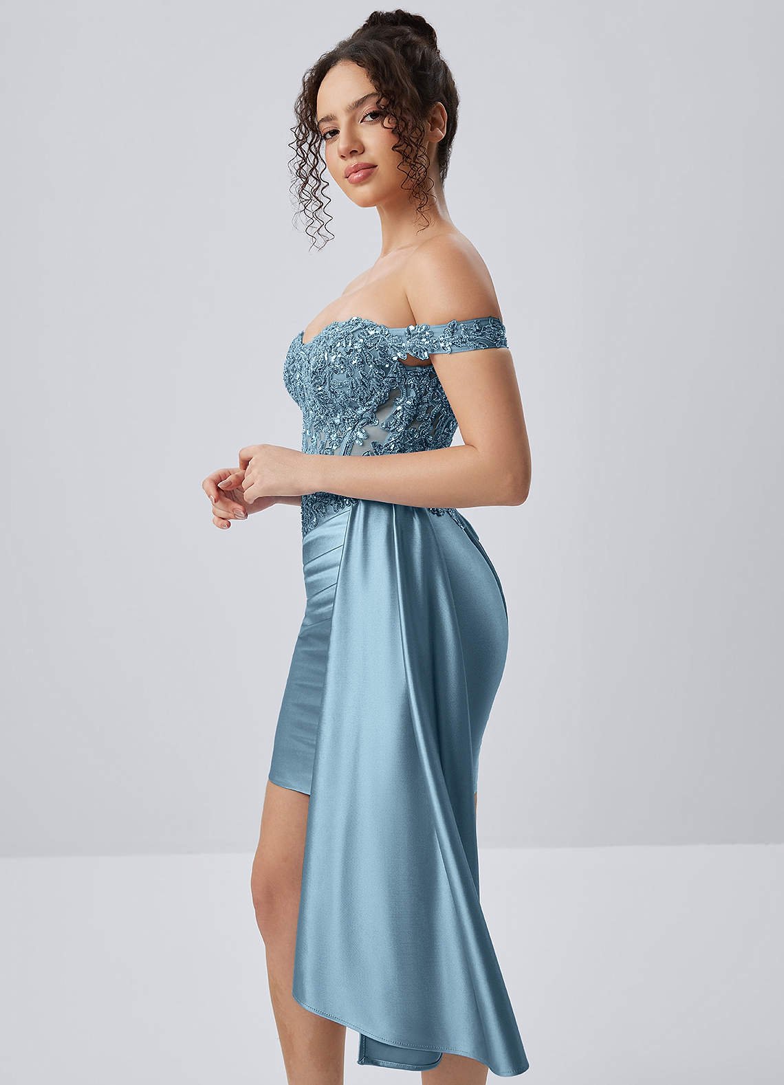 Oralien Bodycon Mini Off-the-Shoulder Satin Prom Dress in dusty blue