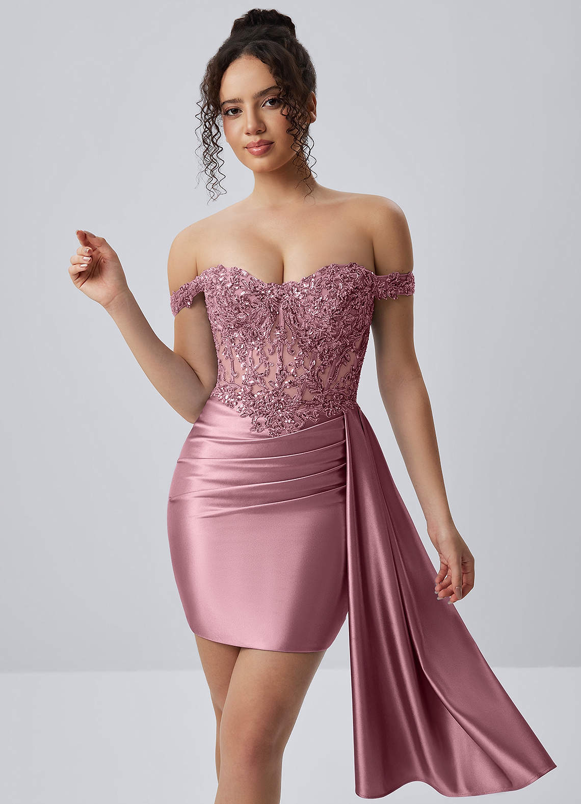 Oralien Bodycon Mini Off-the-Shoulder Satin Prom Dress in Dusty Pink