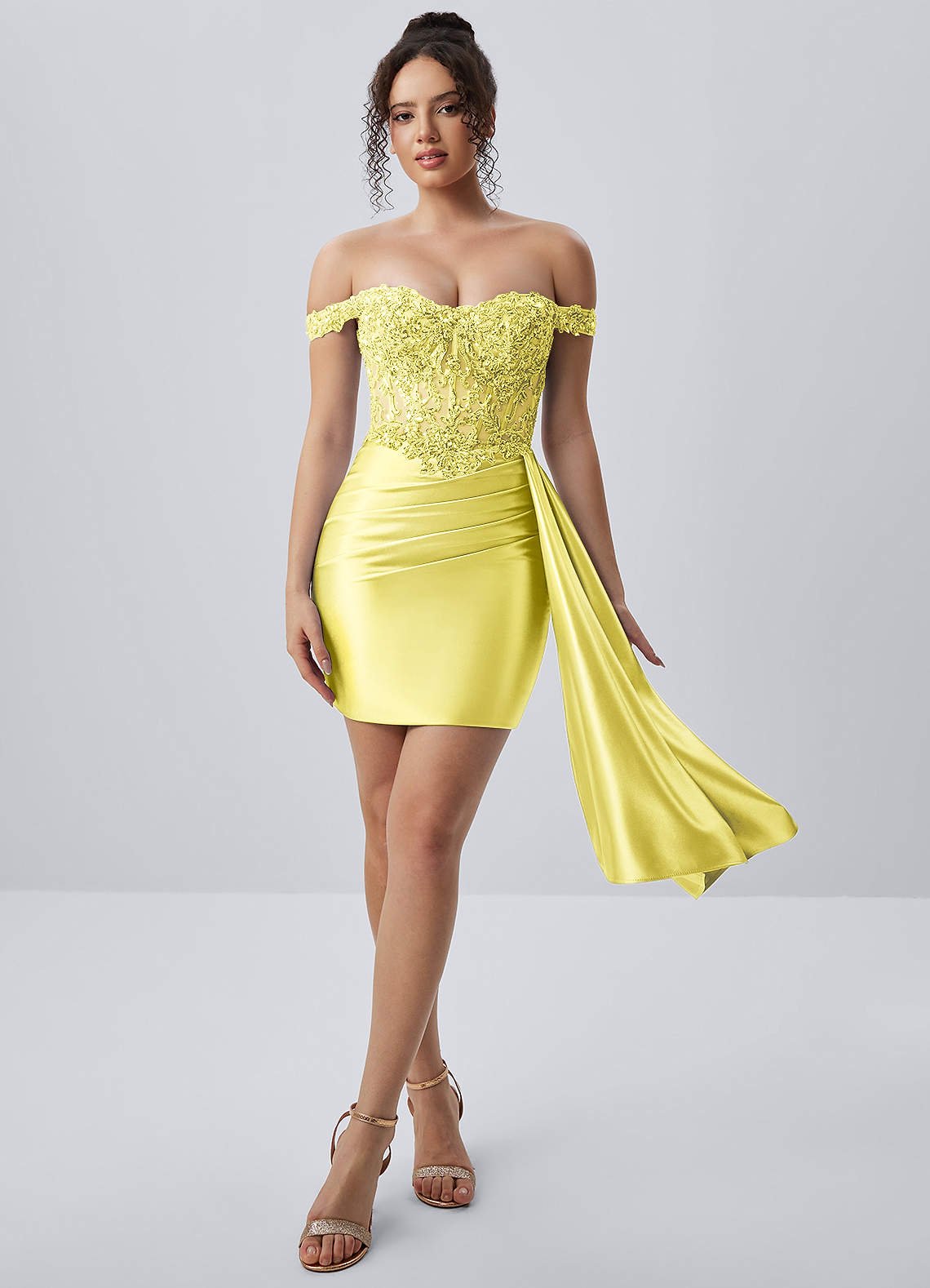 Oralien Bodycon Mini Off-the-Shoulder Satin Prom Dress in Yellow