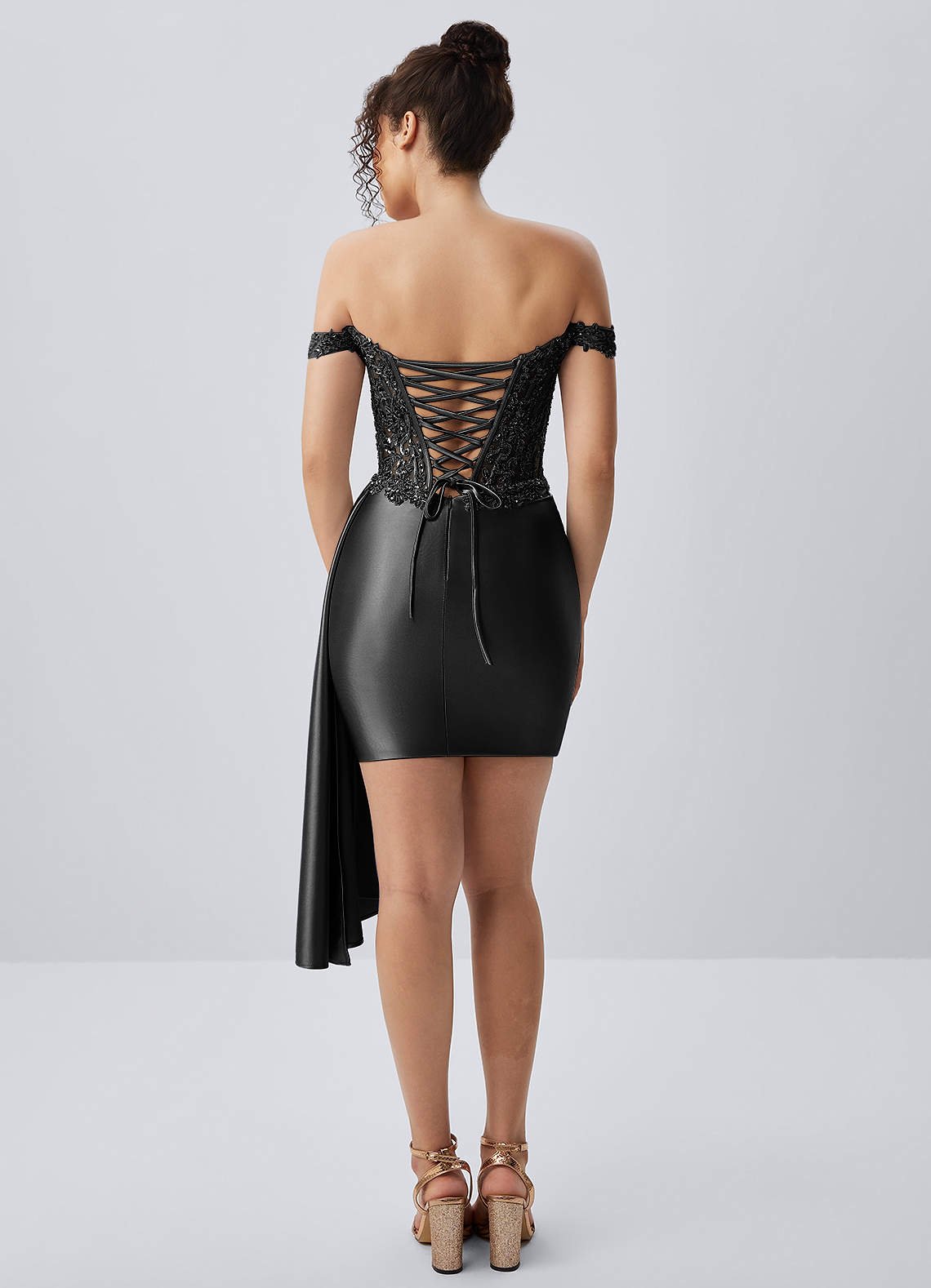 Oralien Bodycon Mini Off-the-Shoulder Satin Prom Dress in black