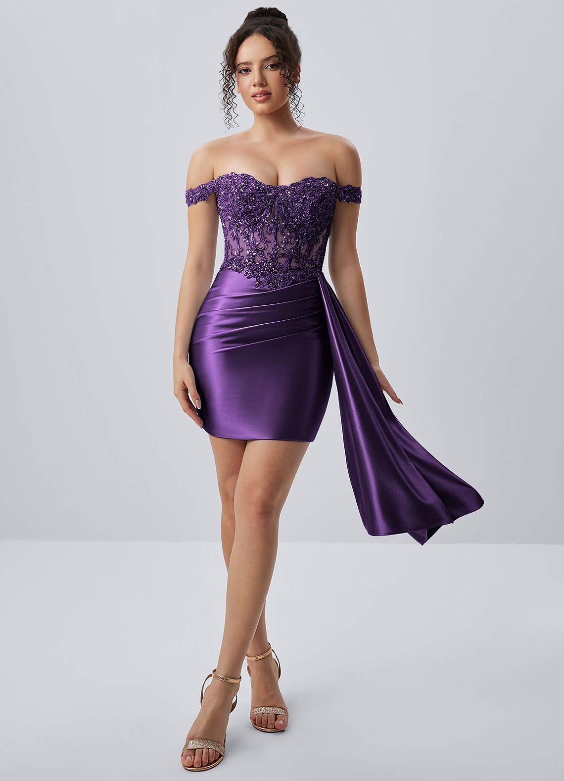 Oralien Bodycon Mini Off-the-Shoulder Satin Prom Dress in Plum