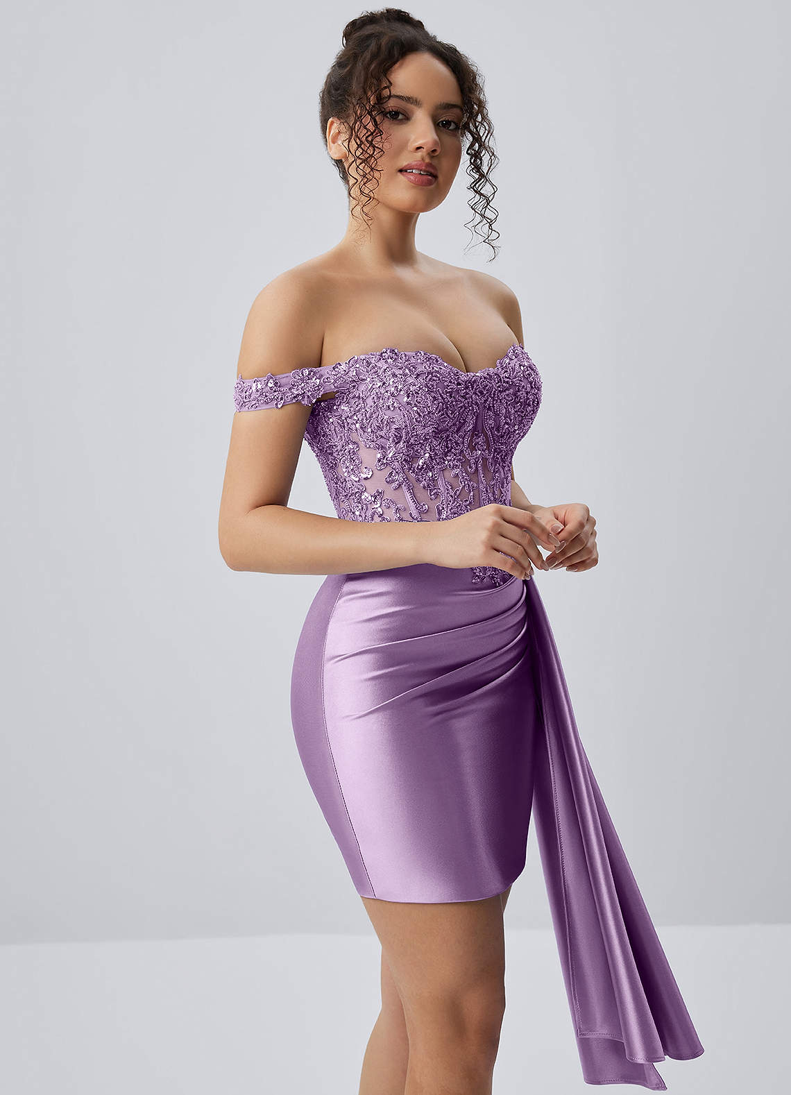 Oralien Bodycon Mini Off-the-Shoulder Satin Prom Dress in Plum
