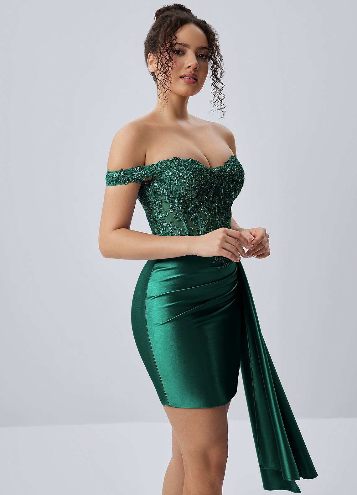 Oralien Bodycon Mini Off-the-Shoulder Satin Prom Dress in Plum