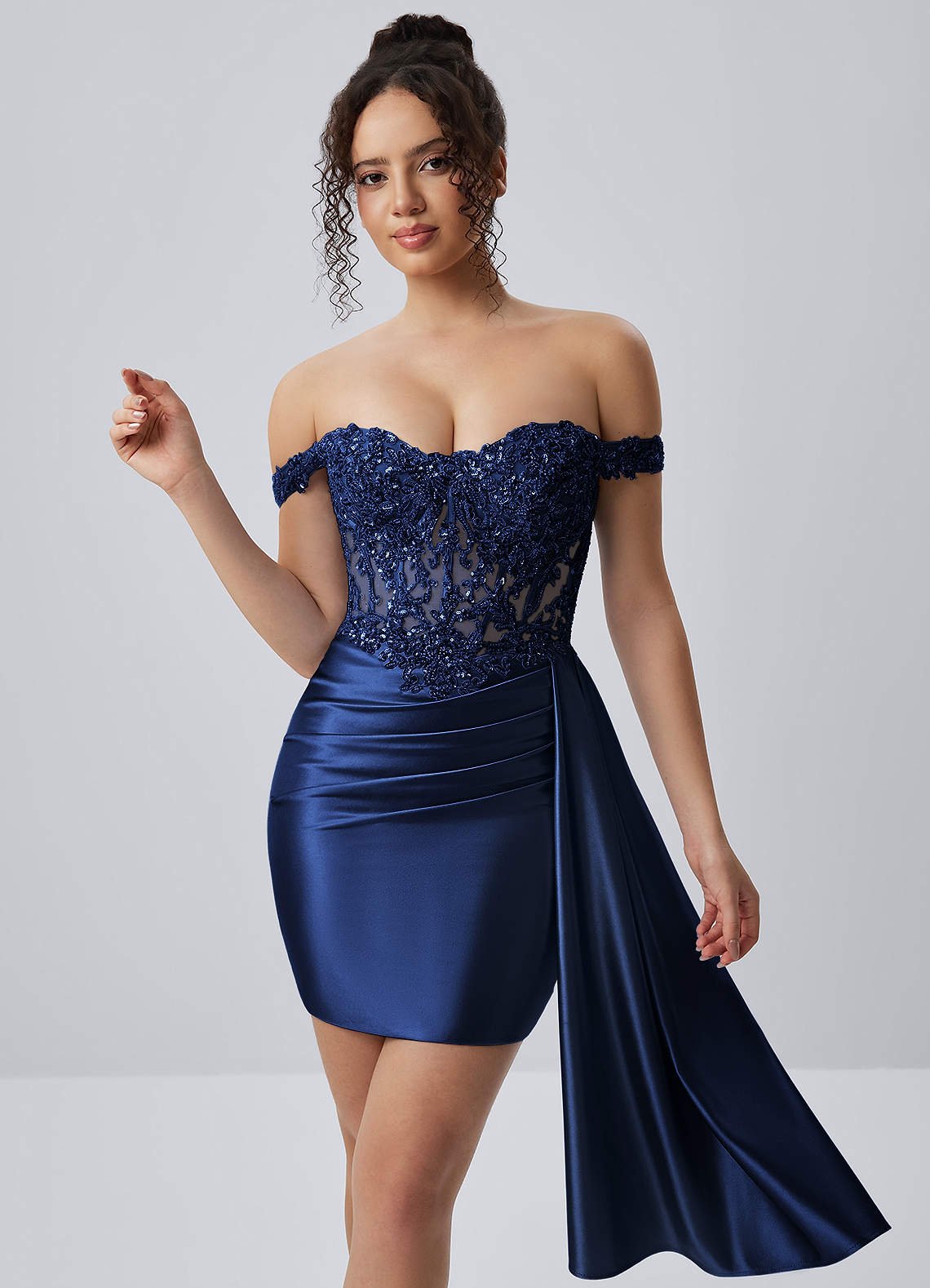 Oralien Bodycon Mini Off-the-Shoulder Satin Prom Dress in Neptune