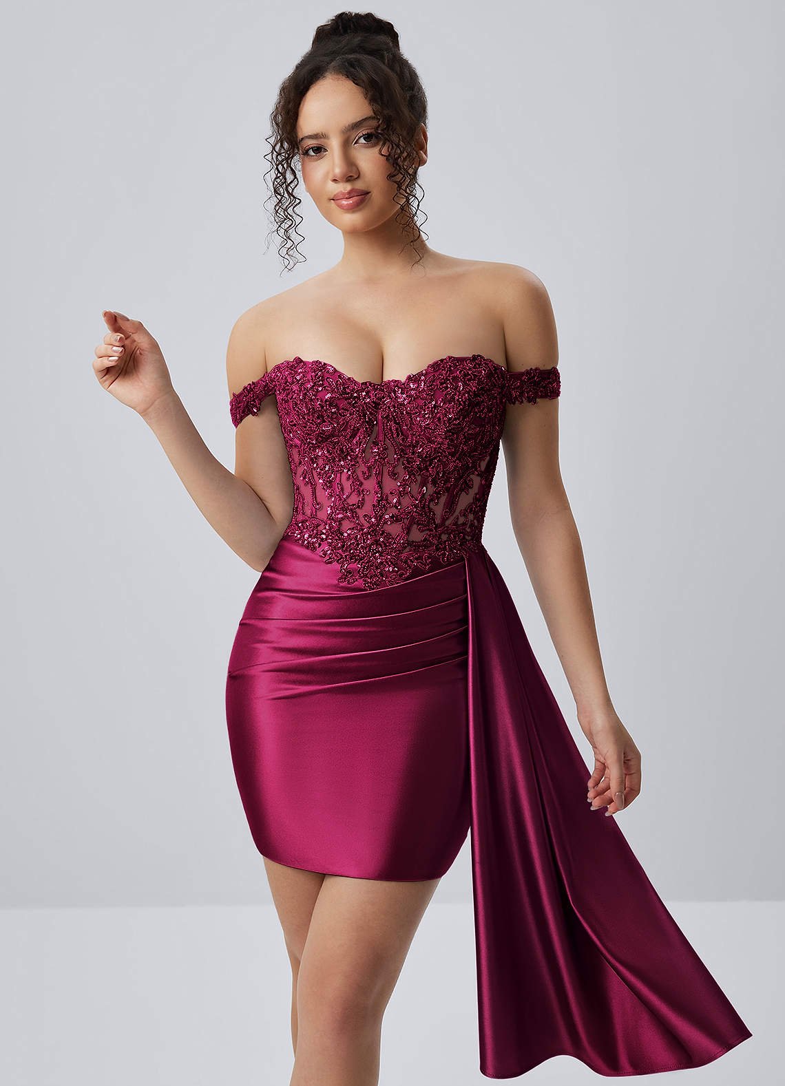 Oralien Bodycon Mini Off-the-Shoulder Satin Prom Dress in Burgundy