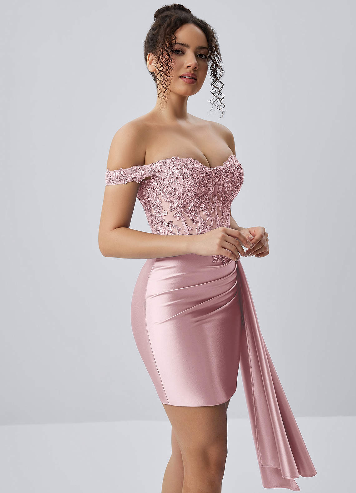 Oralien Bodycon Mini Off-the-Shoulder Satin Prom Dress in Plum
