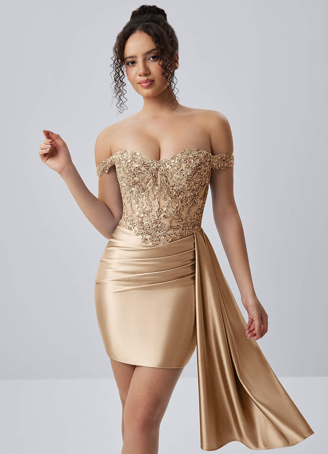 Oralien Bodycon Mini Off-the-Shoulder Satin Prom Dress in champagne