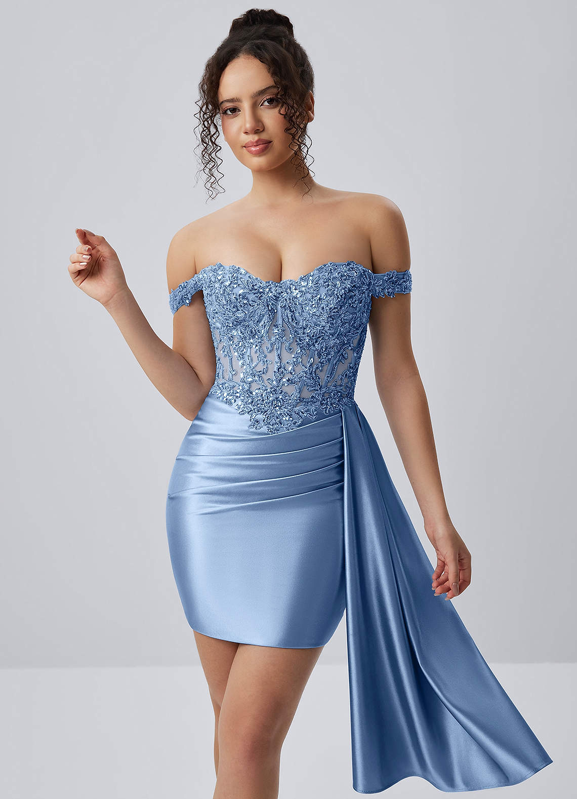 Oralien Bodycon Mini Off-the-Shoulder Satin Prom Dress in Light Blue