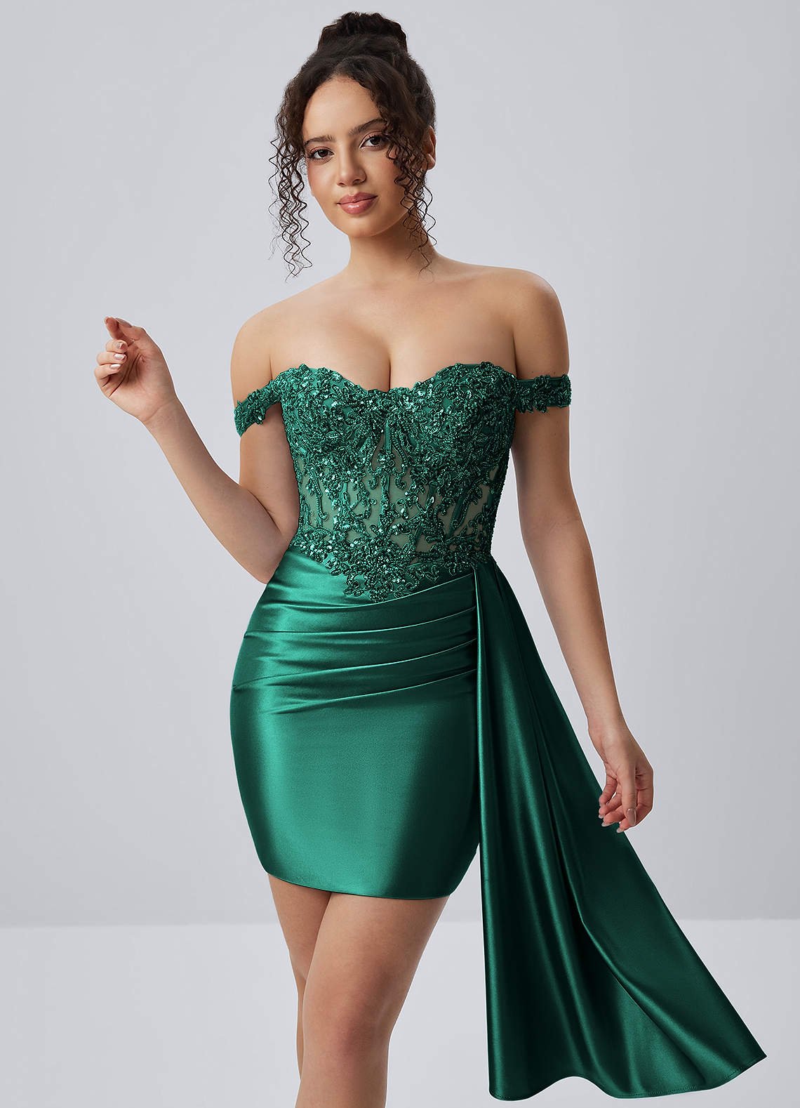 Oralien Bodycon Mini Off-the-Shoulder Satin Prom Dress in green