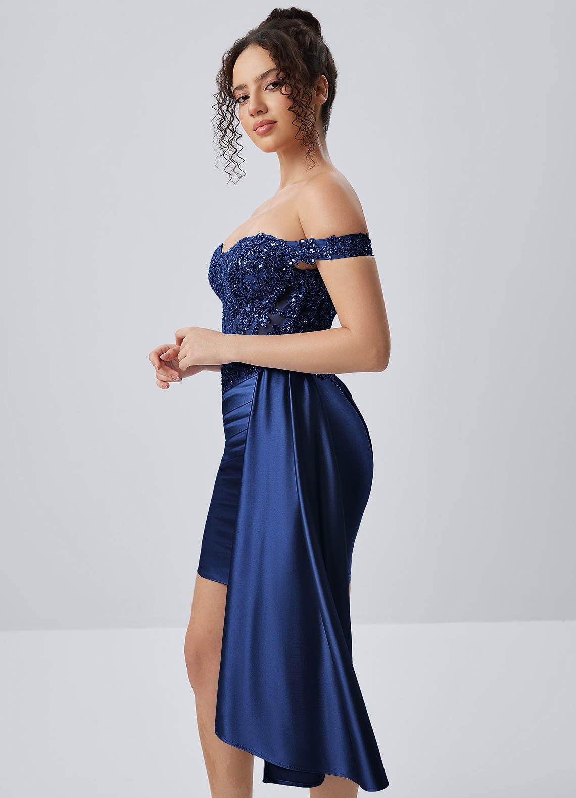 Oralien Bodycon Mini Off-the-Shoulder Satin Prom Dress in Neptune