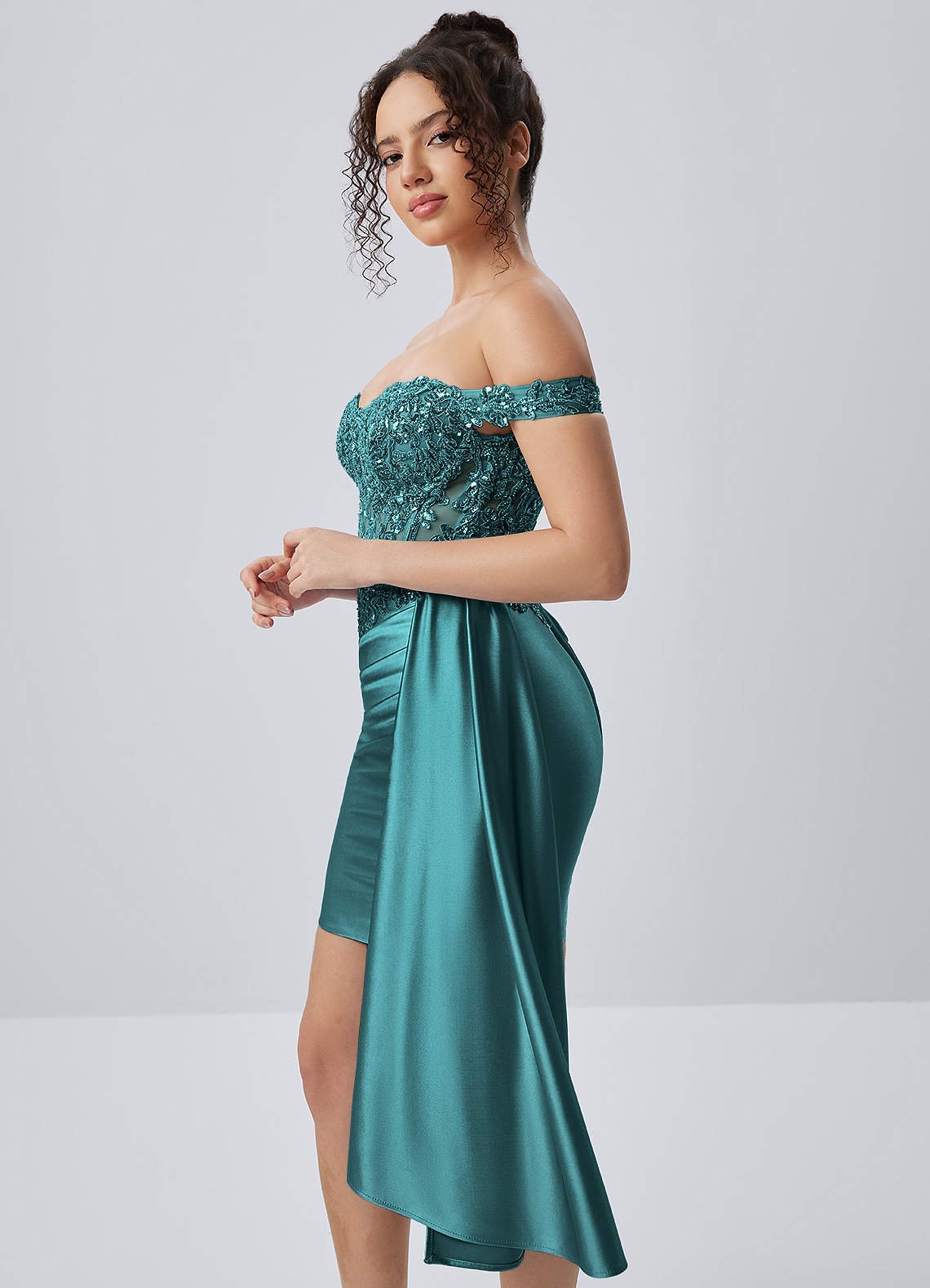 Oralien Bodycon Mini Off-the-Shoulder Satin Prom Dress in Peacock Blue
