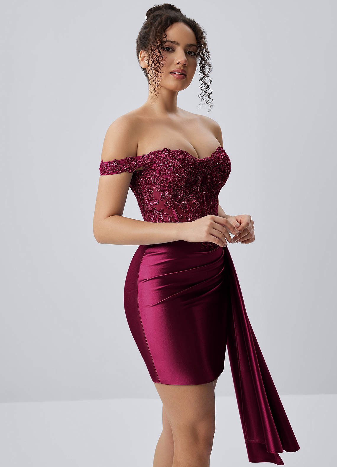 Oralien Bodycon Mini Off-the-Shoulder Satin Prom Dress in Plum