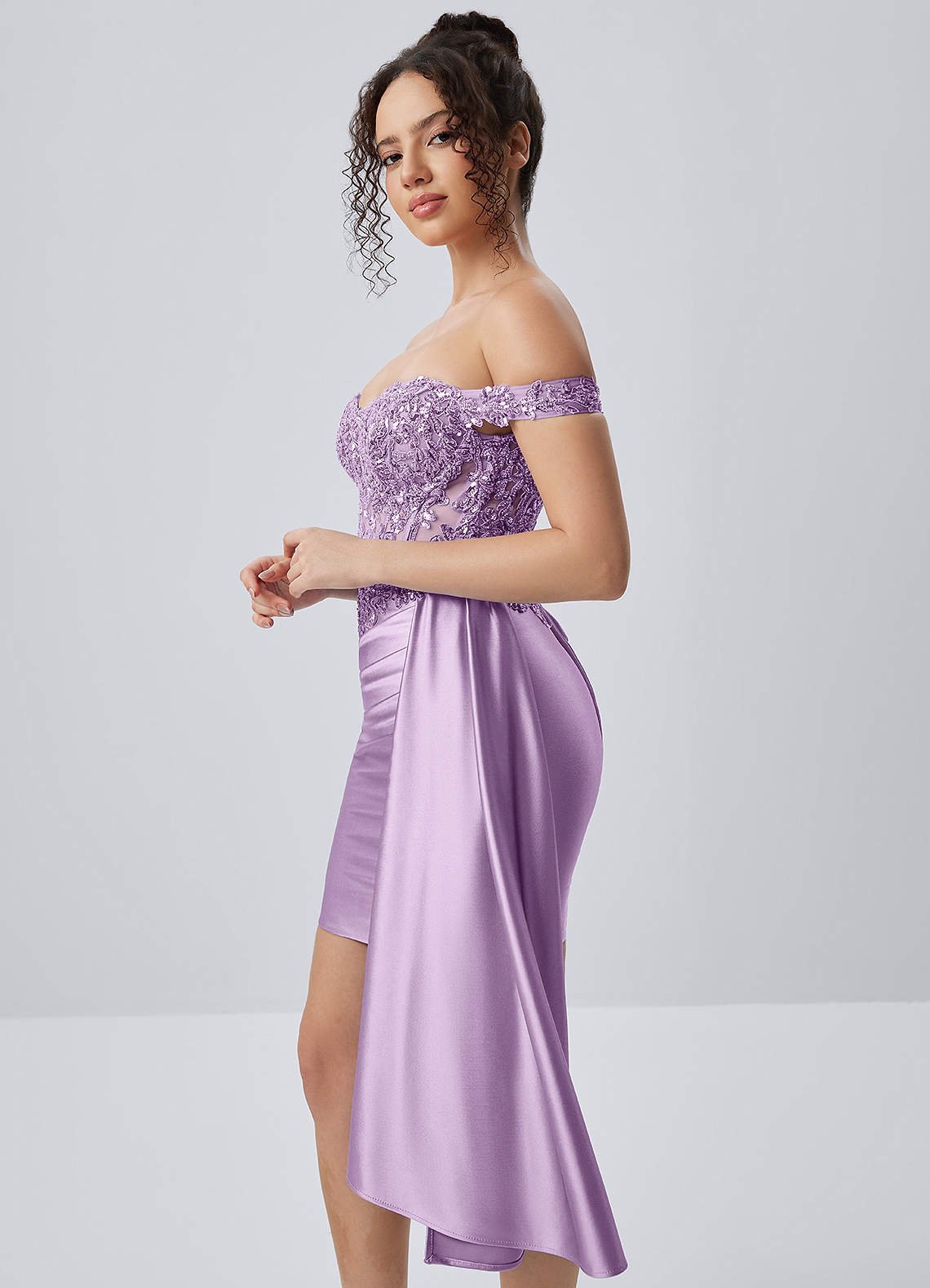 Oralien Bodycon Mini Off-the-Shoulder Satin Prom Dress in Lilac