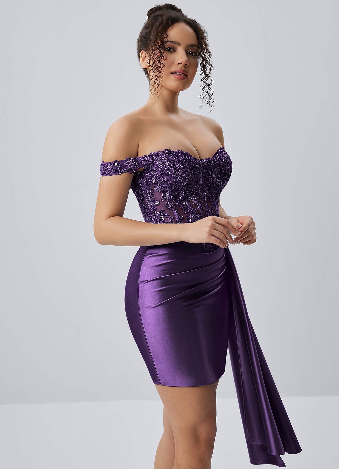 Oralien Bodycon Mini Off-the-Shoulder Satin Prom Dress in Plum