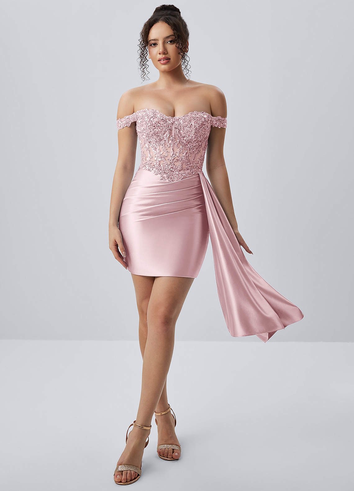 Oralien Bodycon Mini Off-the-Shoulder Satin Prom Dress in Blushing Pink