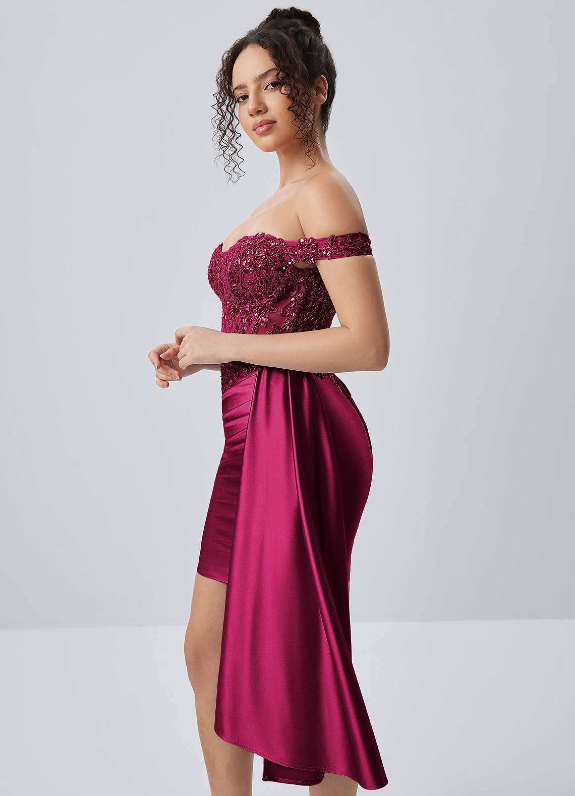 Oralien Bodycon Mini Off-the-Shoulder Satin Prom Dress in Burgundy