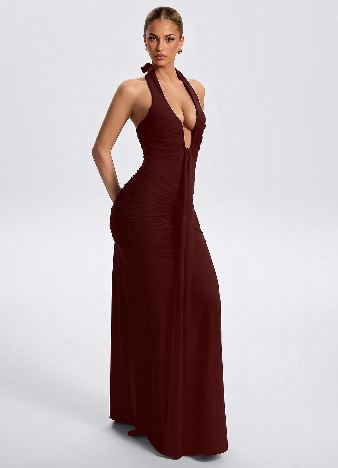 Oriana Sheath Halter Stretch Satin Evening Dress in Cabernet