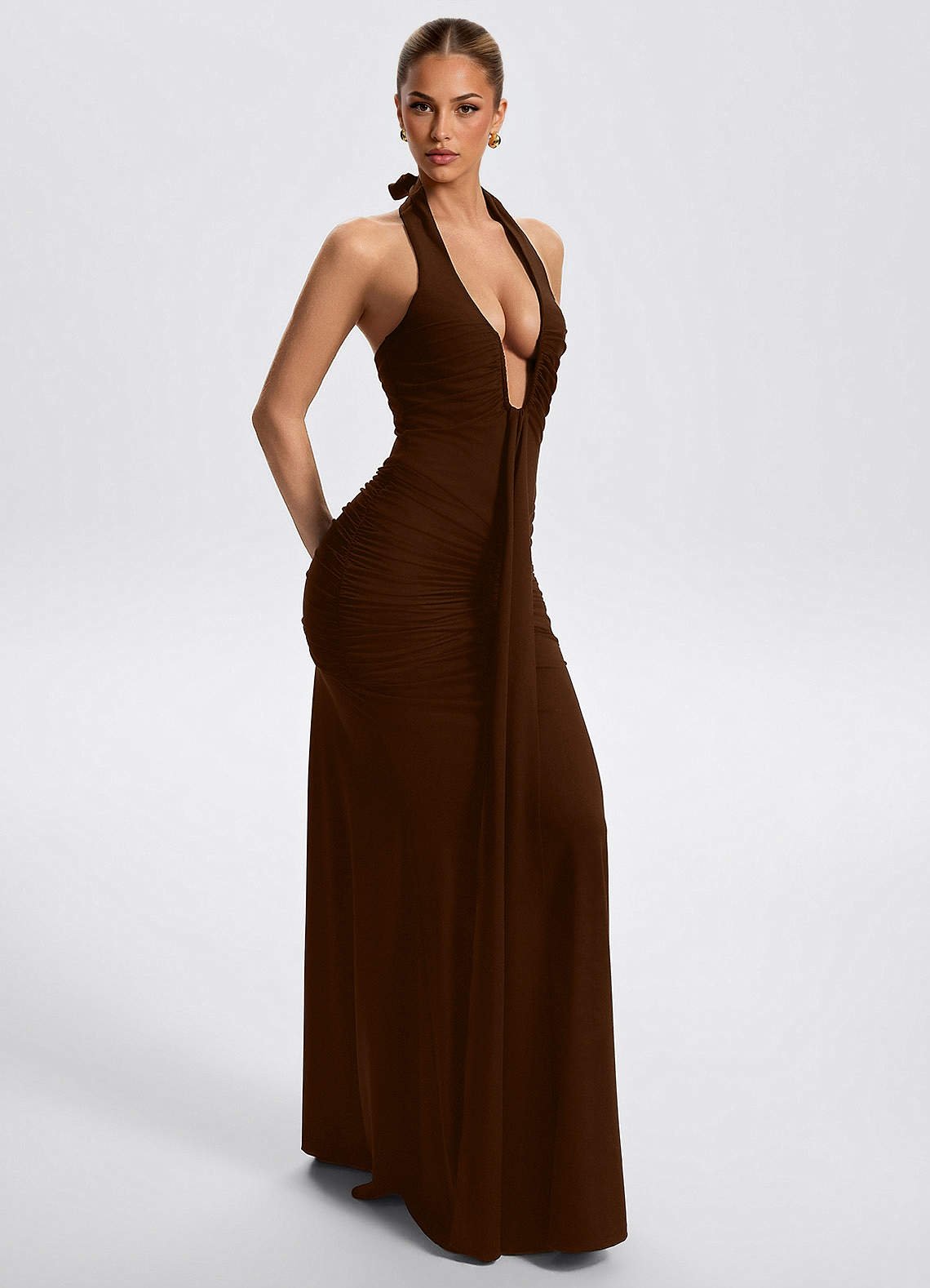 Oriana Sheath Halter Stretch Satin Evening Dress in Ganache