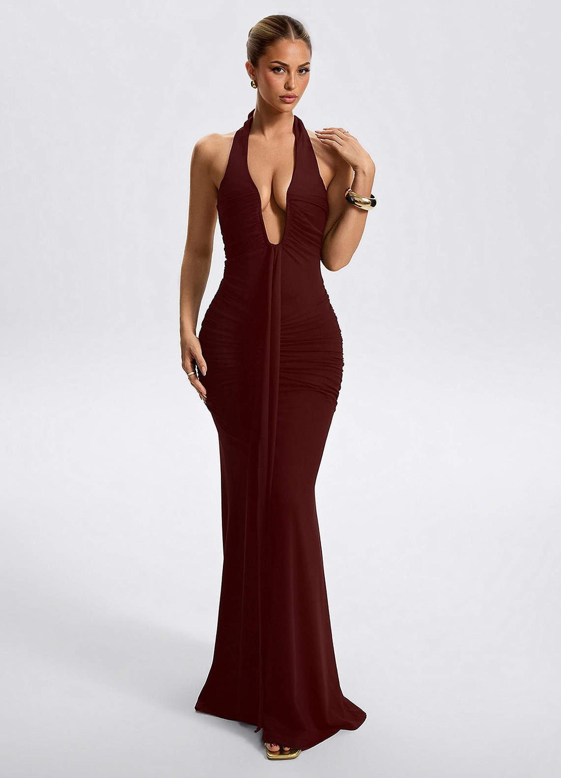 Oriana Sheath Halter Stretch Satin Evening Dress in Cabernet
