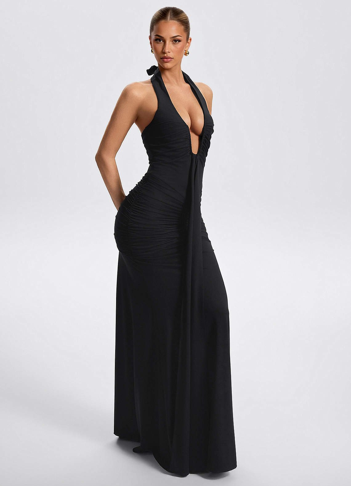 Oriana Sheath Halter Stretch Satin Evening Dress in Black