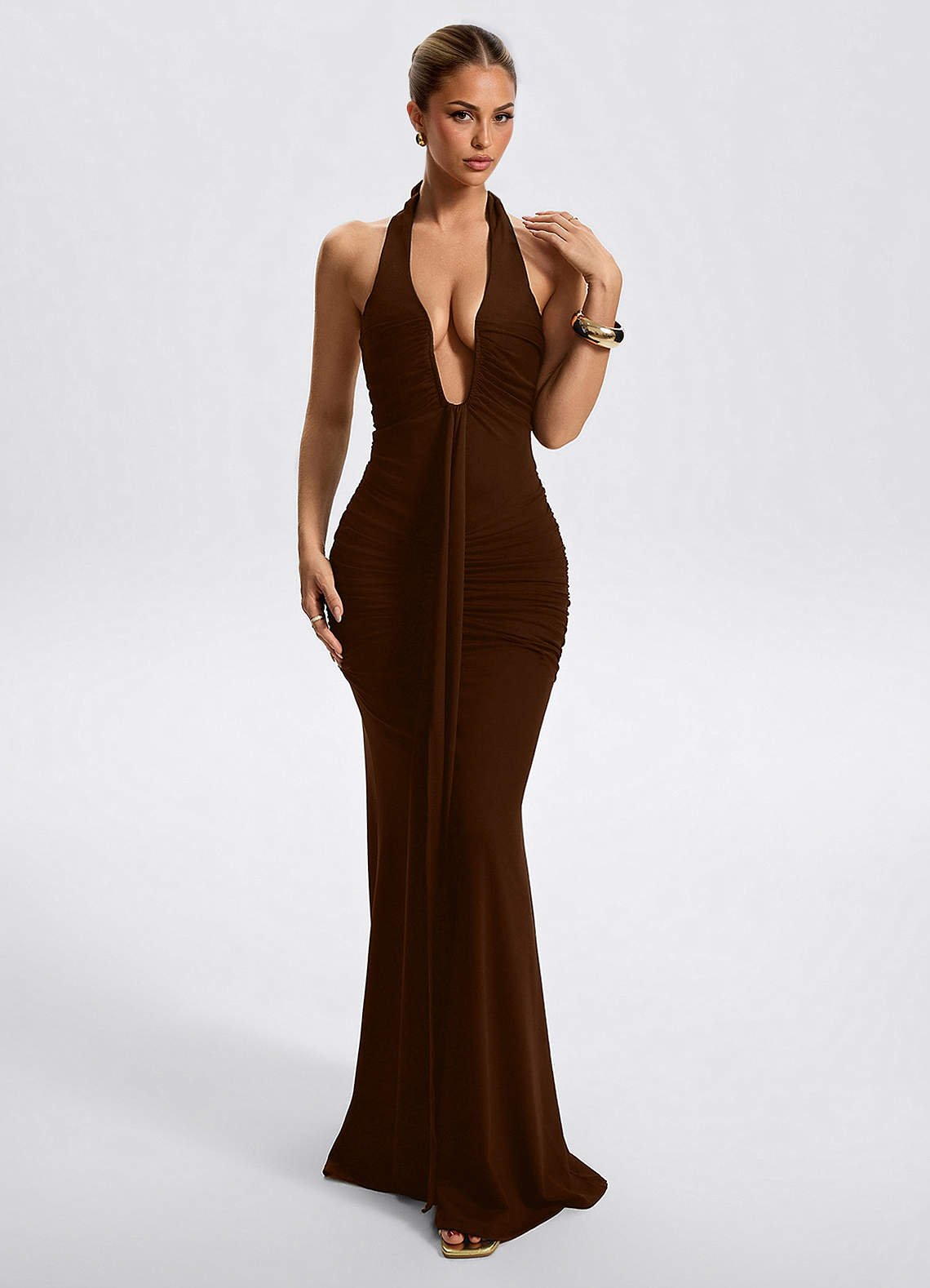 Oriana Sheath Halter Stretch Satin Evening Dress in Ganache